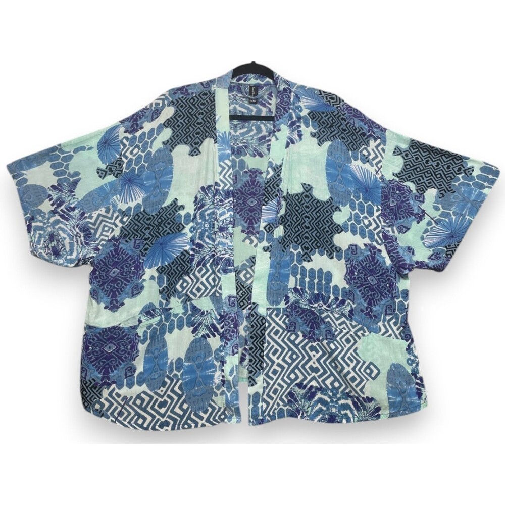 Sacred Threads Kimono Womens L XL Blue Batik Boho Artsy Open Front Top Cardigan